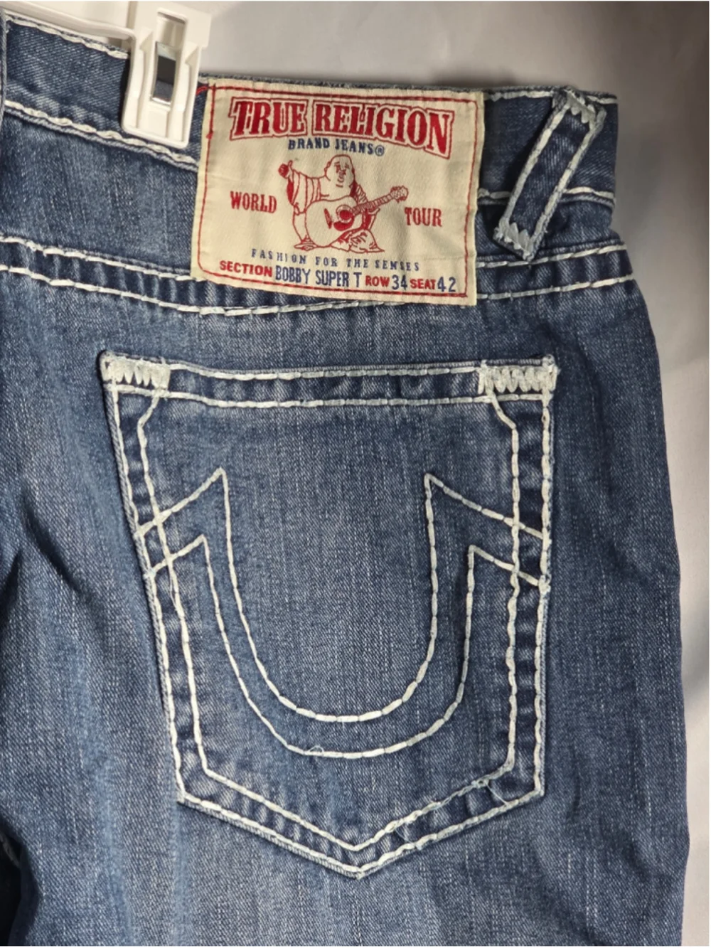 Men's True Religion Straight Jeans Waist 42 Blue White Designer preppy trendy